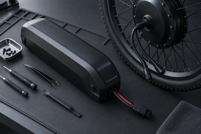 E-bike battery pack and wheel with a hub motor on a dark bench mat