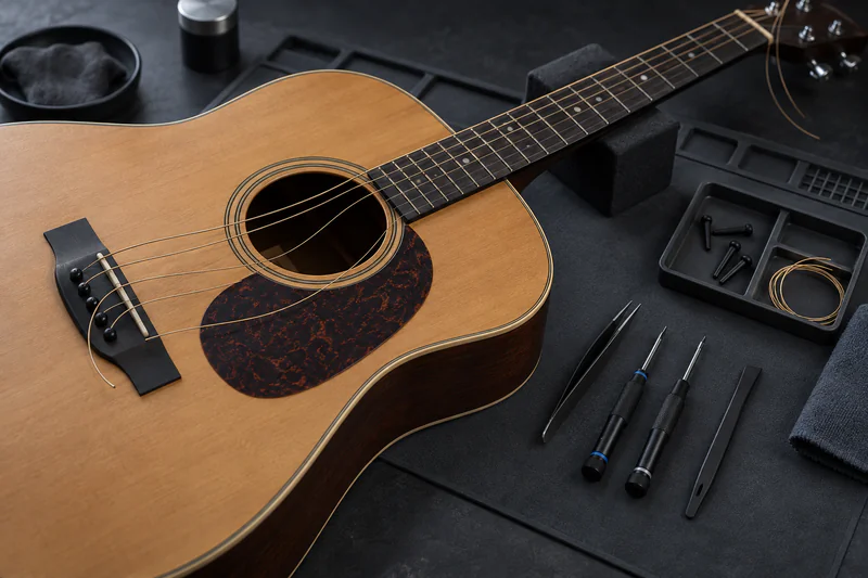Acoustic guitar with slack strings on a dark bench mat beside small tools