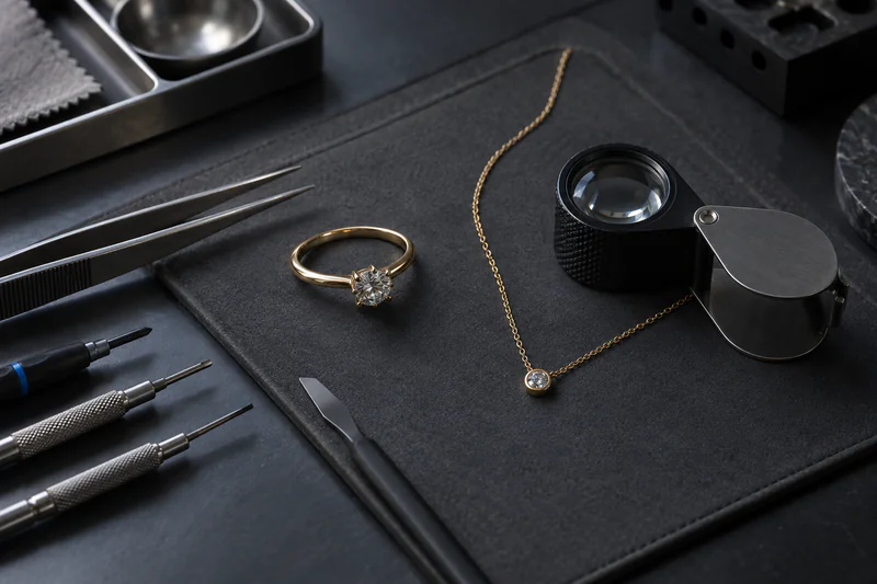Solitaire ring, chain pendant and loupe on a dark bench mat