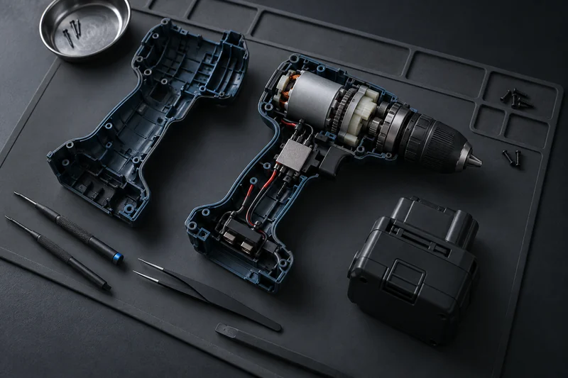 Cordless drill with exposed motor and gearbox beside a battery on a dark bench mat