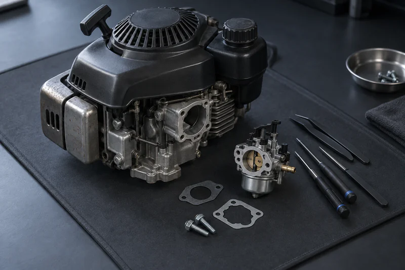 Lawn mower engine and detached carburetor on a dark bench mat beside tools