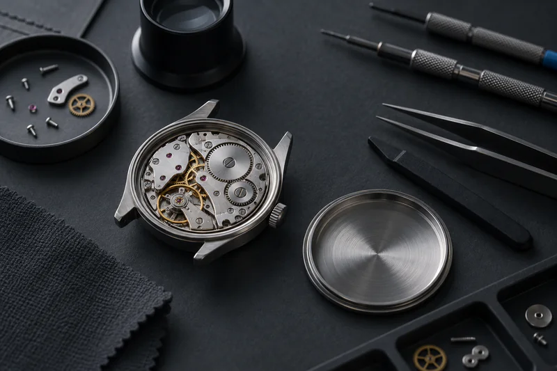 Mechanical wristwatch with its caseback removed on a dark bench mat beside watchmaker tools